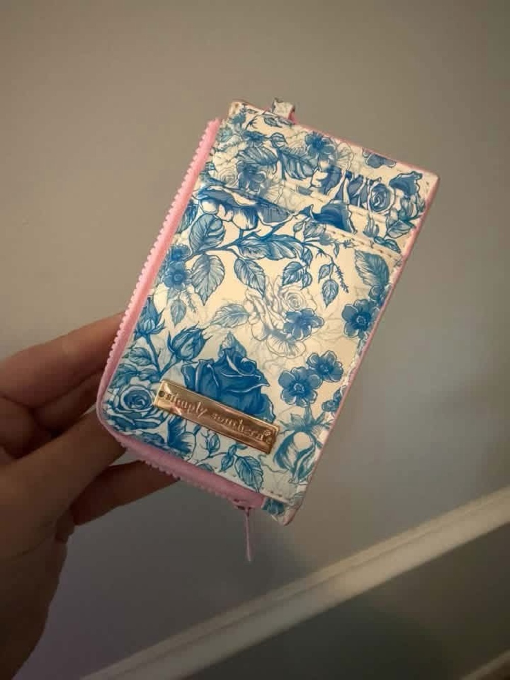 Simply Southern Blue Floral Zip Around Wallet with Pink Trim